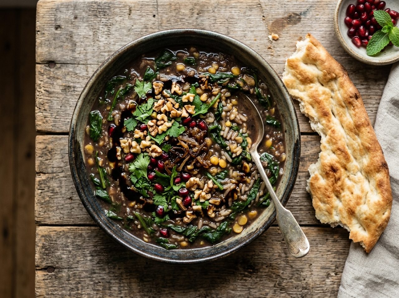 Sopa persa de granada y espinacas