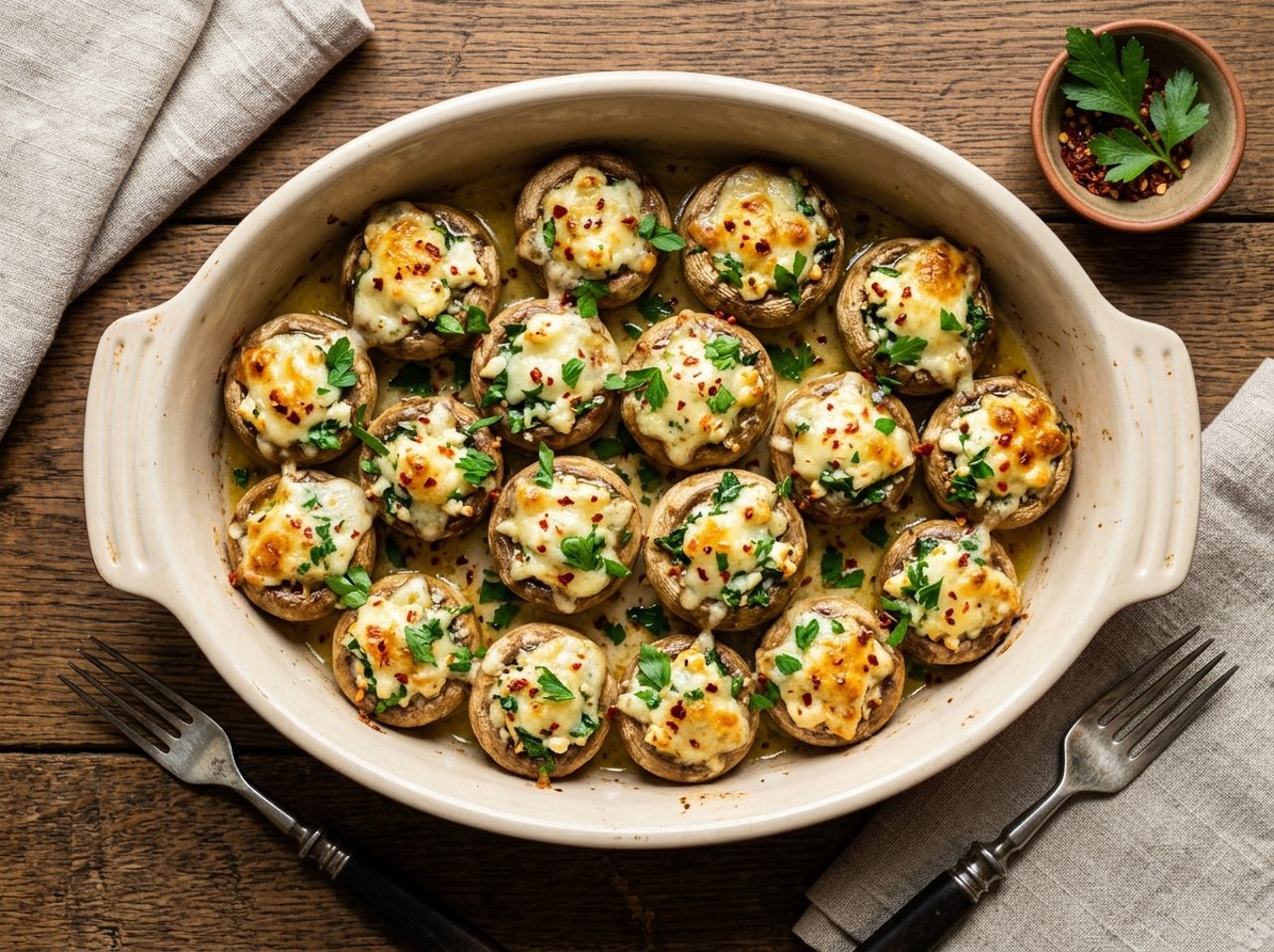 Überbackene Champignons mit Tulum-Käse und Kräutern