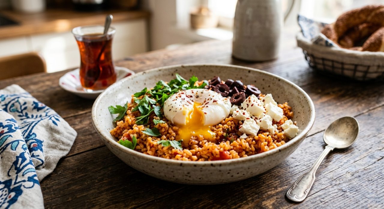 Warm Tomato and Olive Bulgur Bowl with Eggs