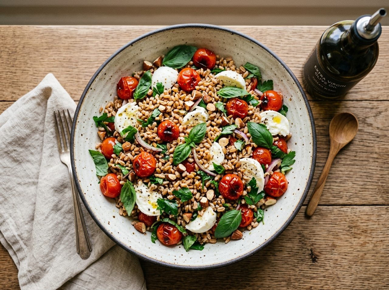 Fırınlanmış Domatesli ve Mozzarella'lı Farro Salatası