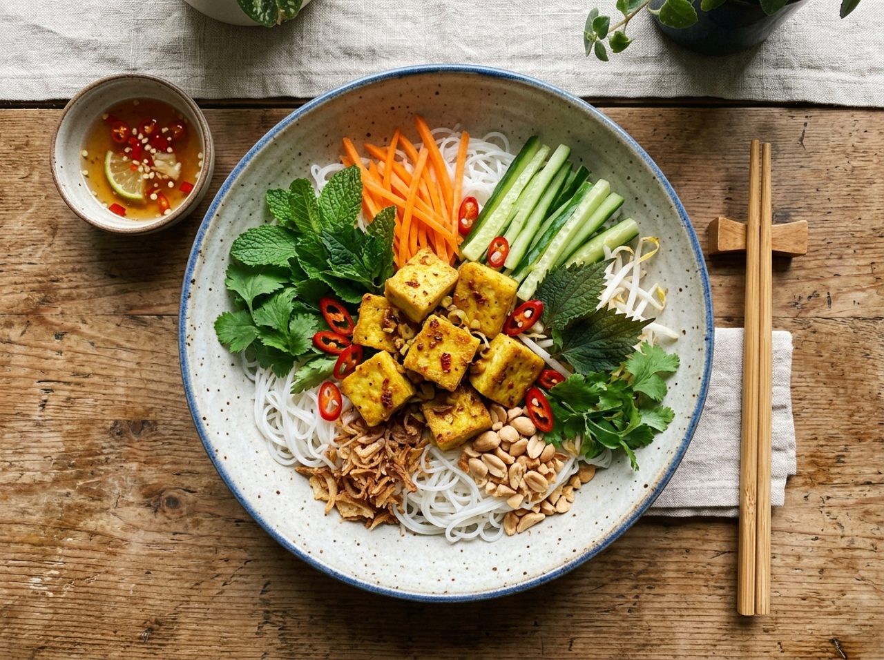 Limon Otlu Tofu ve Pirinç Eriştesi Salatası
