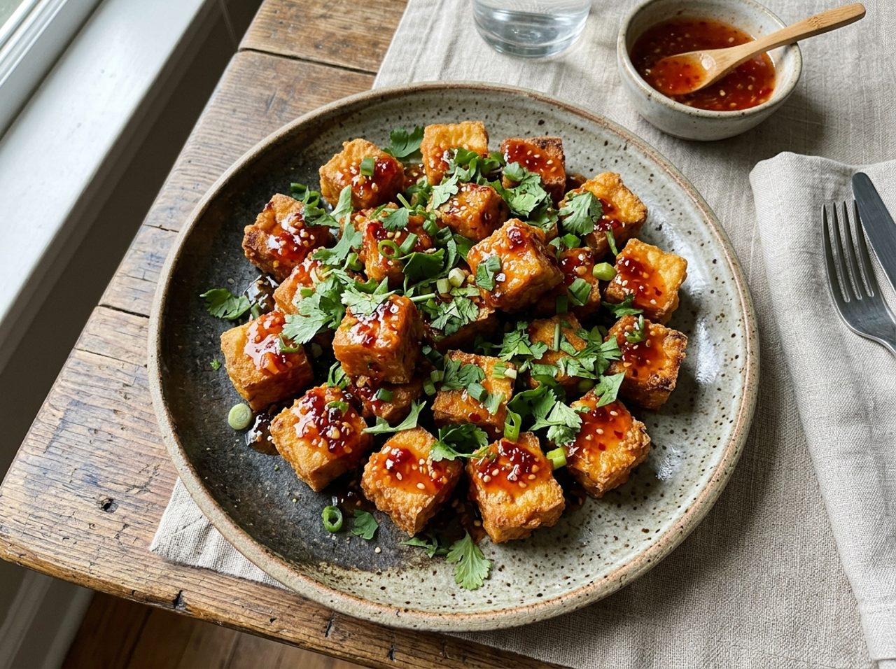 Thailändische Knusprige Tofu-Häppchen mit Süß-Sauer-Sauce