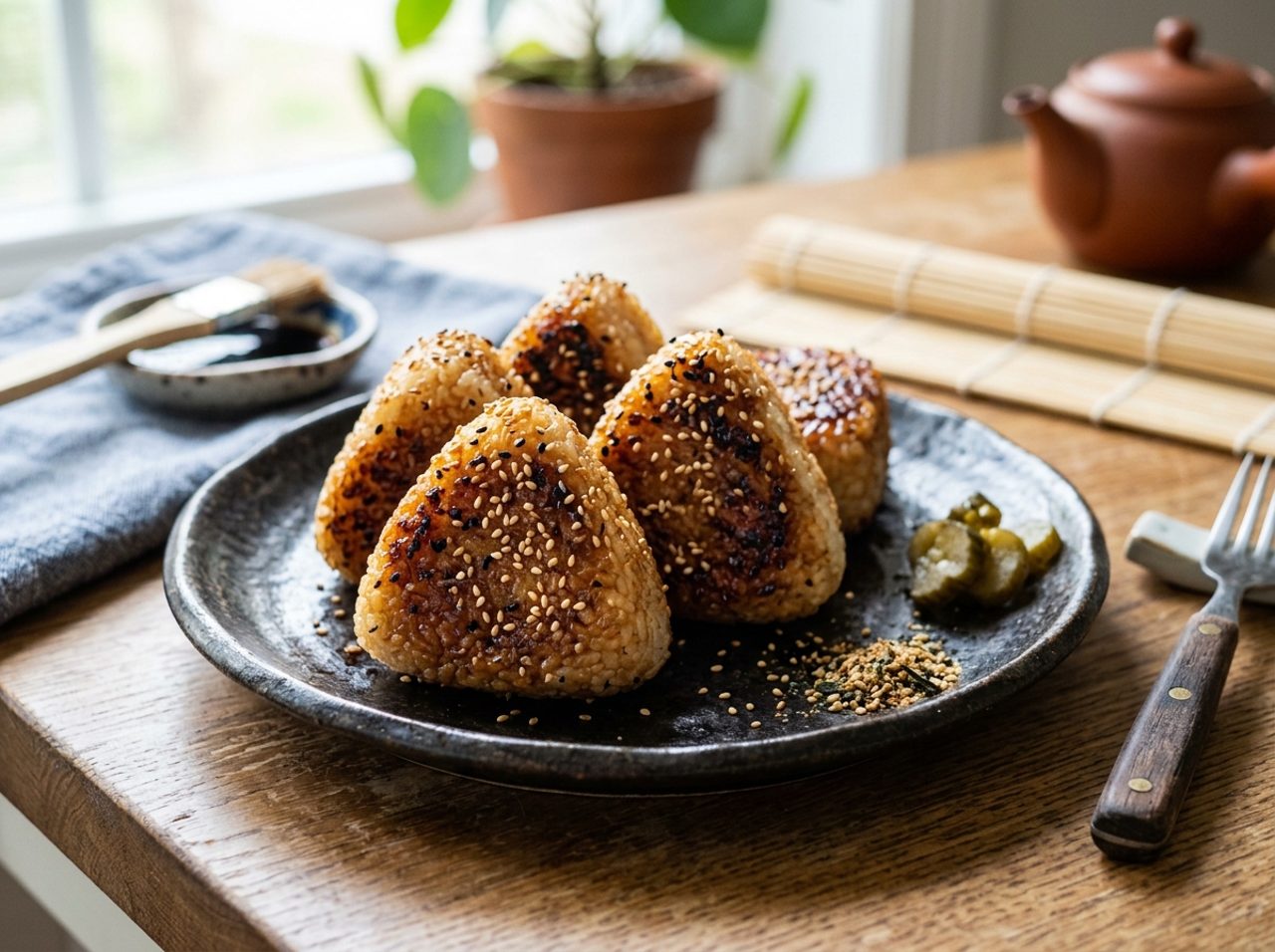 Japanische Gebratene Reisbällchen mit Sojaglasur (Yaki Onigiri)