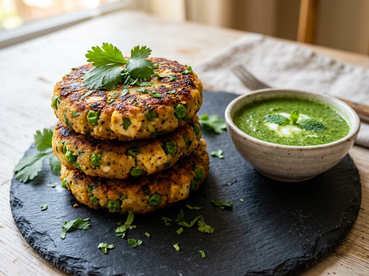 Knusprige Paneer-Erbsen-Tikkis